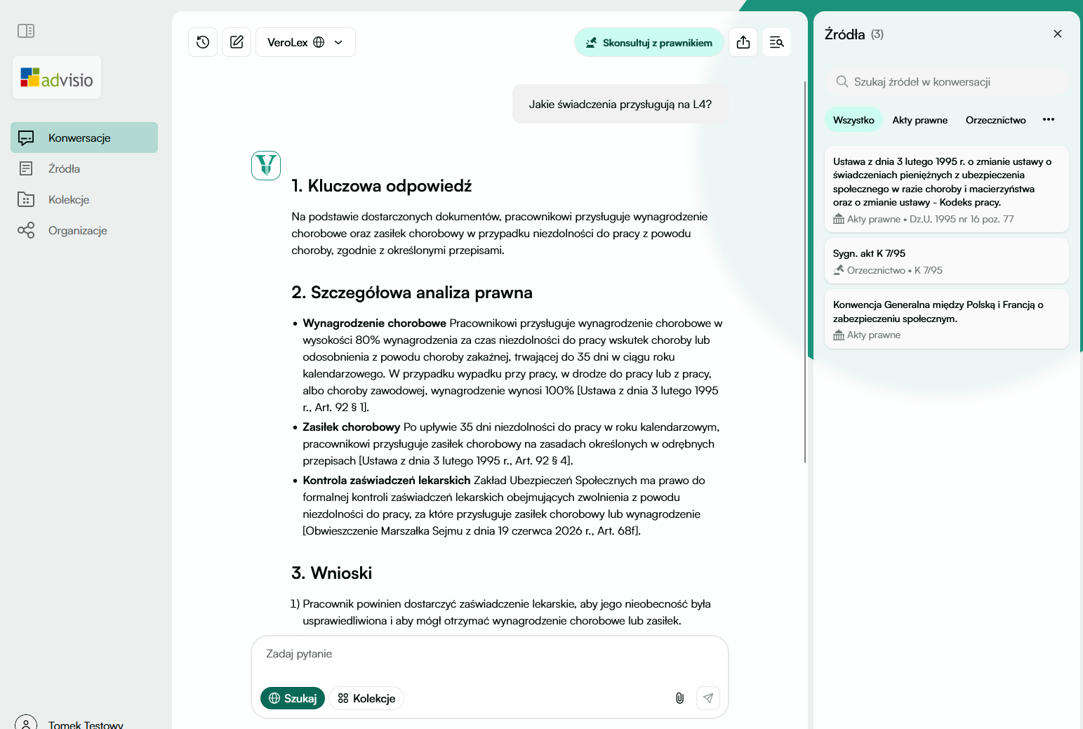 Zrzut ekranu VeroLex przedstawiający odpowiedź asystenta z numerowanymi przypisami oraz prawy panel źródeł